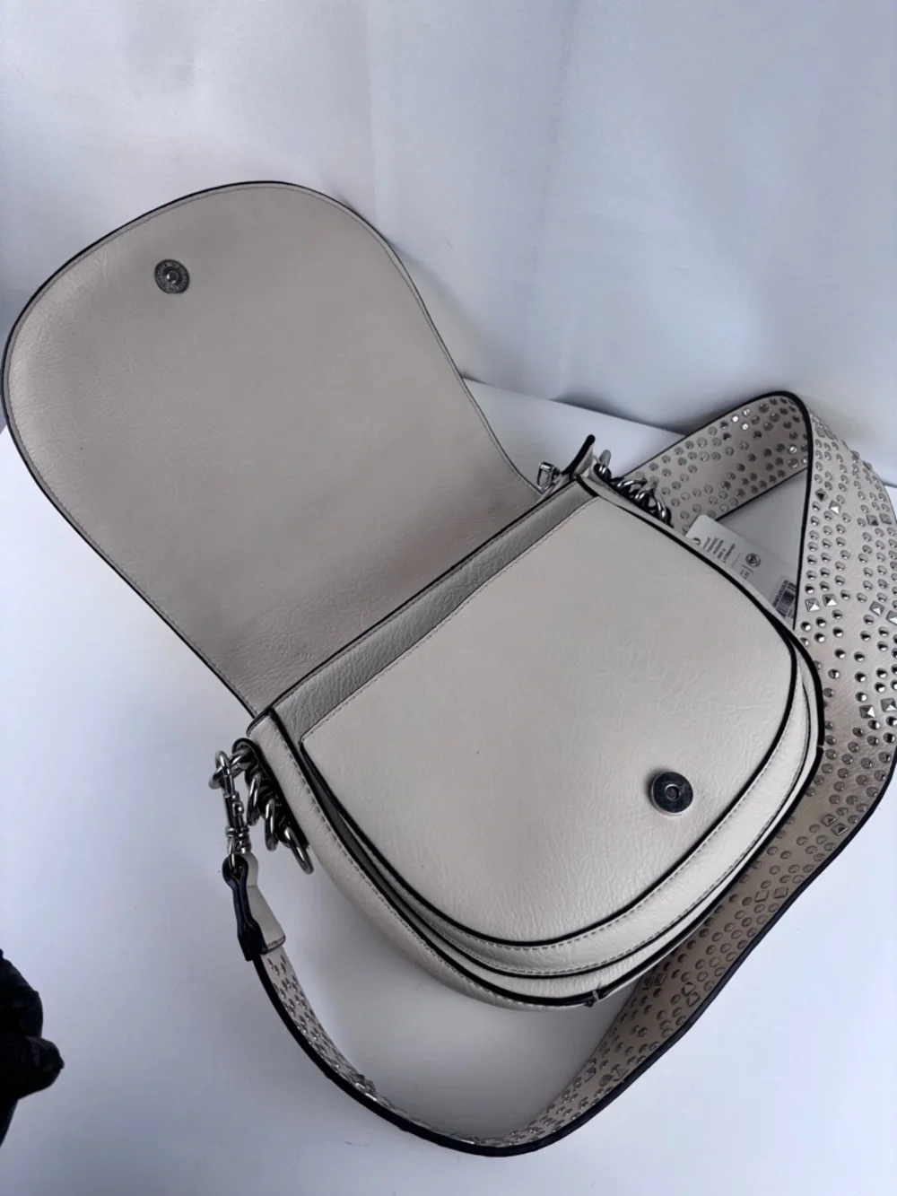Urban Expressions Vegan Leather Saddle Bag - Studded Crossbody Strap Cream/Ivory - Picture 6 of 12